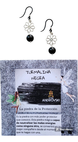 Aros Turmalina Negra 8mm + Flor, Diseño Original, Protección