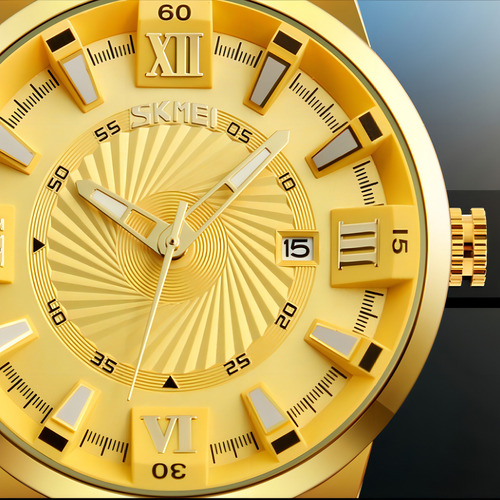 Reloj Analógico Skmei Quartz Calendar Para Hombre Correa Dorado Fondo Blanco
