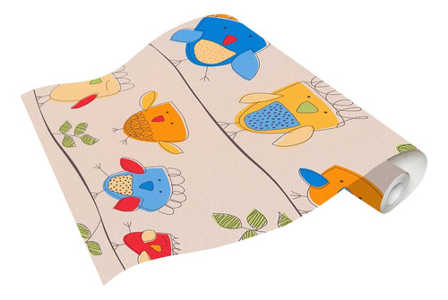 Imagen 3 de 3 de Papel Tapiz Infantil Fondo Beige Diseño Pollitos Azules