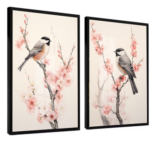 2 Quadros Decorativos Flor De Cerejeira Pássaros Com Vidro