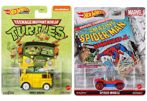 Hot Wheels Van Party Wagon Ninja Turtles Spiderman Mobile, color azul y amarillo