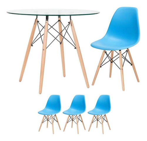 Kit Mesa Eames Wood 90 Cm Tampo Vidro E 3 Cadeiras Dsw Tampa Azul-céu