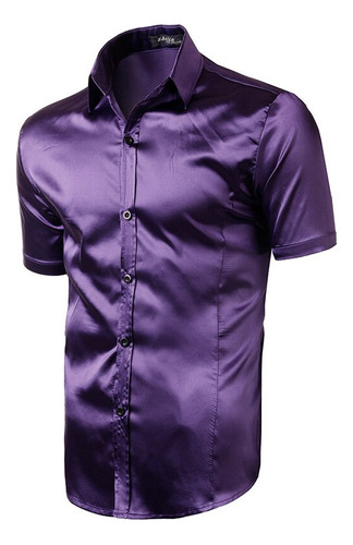 Camisa De Satén De Seda Morada Para Hombre, Manga Corta, Cor