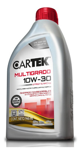 Aceite Mineral Para Motor A Gasolina Cartek 10w-30 946 Ml