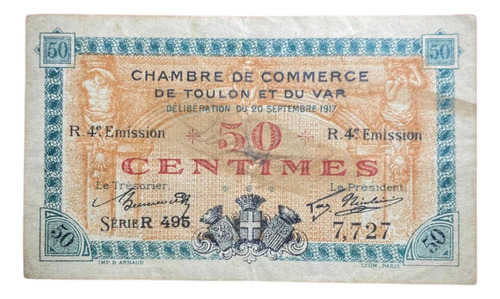 Billete 50 Centimes Francia 1917 Cámara D Comercio Jp 121 22