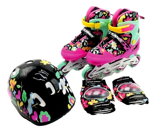 Patines Rollers Chasis Aluminio +protecciones Casco 31 Al34 31-24 6.5 Cm Negro Y Rosa