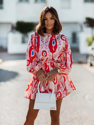 Vestido De Manga Larga Con Cuello Redondo Y Lazo En La Cintu