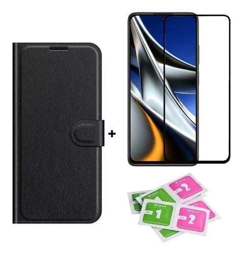 Funda tipo cartera y película 3D compatible con Samsung M23, color negro