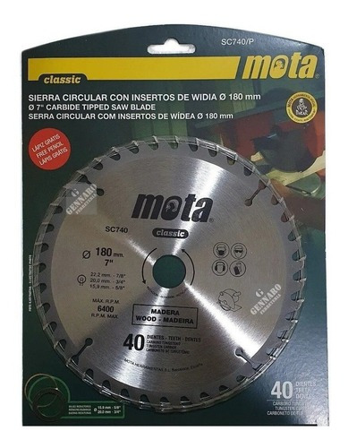 Hoja Sierra Circular Widia Mota P/ Madera 180mm 40 Dientes