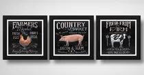 Comprar Set 3 Cuadros Cocina Gourmet Carnes Vaca Pollo Cerdo 33x33cm Marco Negro