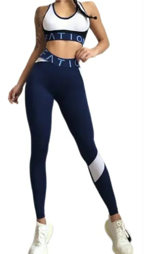 Conjunto Deportivo Lycra Tiro Alto + Crop Top Blanco Azul