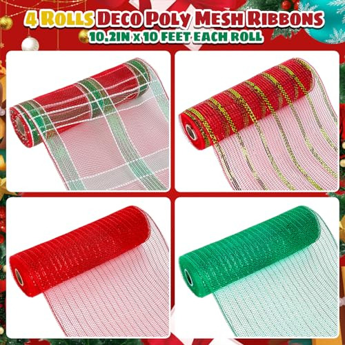 4 Rolls Christmas Mesh Ribbon Red Green Xmas Tree Decor...