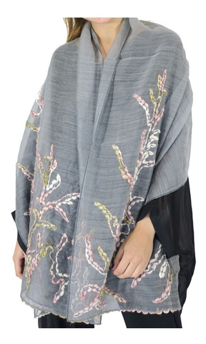 Pashmina Bordada Importada Exclusiva- Gris Rosa