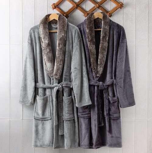 Bata Adulto Flannel Fleece Kimono Con Cuello Simil Piel Jc