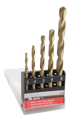 Imagem 1 de 3 de Kit Jogo 5 Brocas Aco Rapido Ar Metal 3 A 8 Mm Titanio Mtx