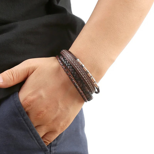 Brazalete Cuero Y Acero Hombre Moderno 