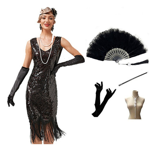 1920s Vintage Gatsby Sexy Cuello En V Vestido De Noche Lentejuelas Borla Vestido Accesorios Ventilador Conjunto