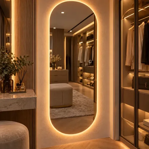 Espelho Solis Oval 150x40 Com Led Touch Para Quarto Closet Lapidado Sem Moldura