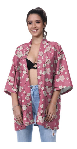 Kimono Haori Floral Sakura Japão Ondas Carpa Koi Ano Chines