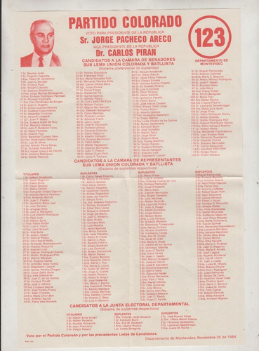 Elecciones 1984 Partido Colorado Lista 123 De Pacheco Areco