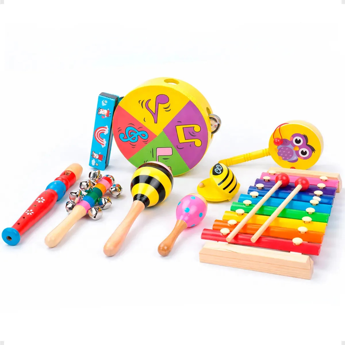 Kit Instrumentos Musicais de Percussão Infantil em Madeira para Musicalização Montessori