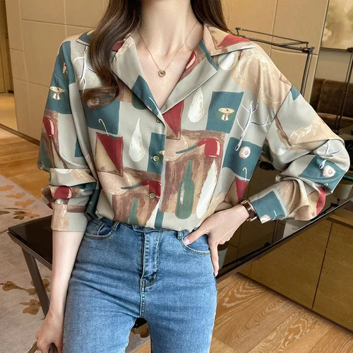 Camisa Casual Con Cuello De Manga Larga Estampada Para Mujer