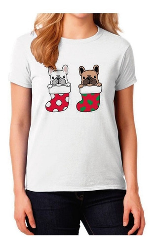 Polera Mujer Algodon Pug Navidad