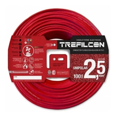Cable Unipolar 2,5 2.5 Rojo Normalizado Trefilcon X 100 Mts