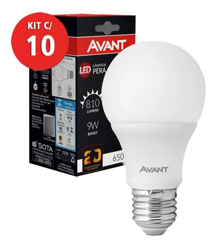 Kit 10 Lâmpada Led 9w Pera Branca Bivolt Avant