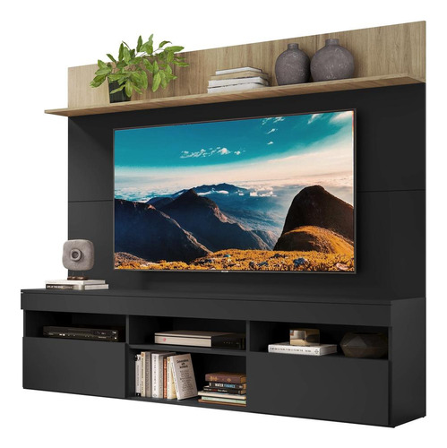 Rack Com Painel Tv 65  Madri Multimóveis V3365 Cor Rustic/Preto