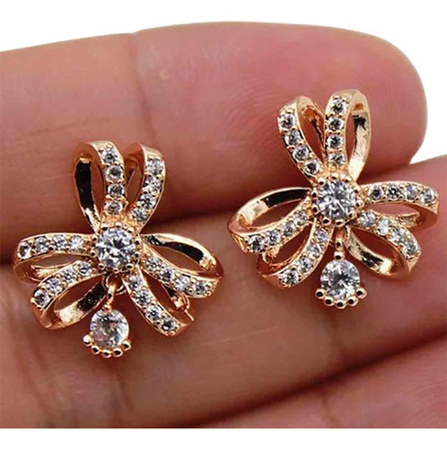 Aretes Oro Laminado De 18k Zircones Cúbicos Lazos Sw33