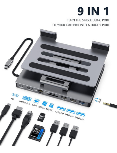 9 En 1 Hub Usb C 3.0 Docking Station Hdmi 4k Soporte Laptop