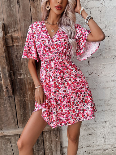 Vestido Verano Fernanda Rosado Cuello Cruzado - Talla M
