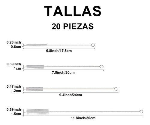20 Piezas Extra Largos Cepillo Para Popotes De Acero