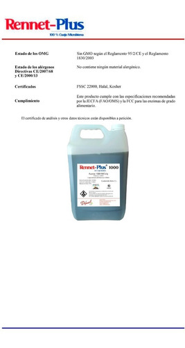 Cuajo Microbiano 1000 Imcu/g Potencia 1: 30000 5 Litros