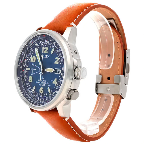 Relógio Citizen Masculino Promaster Eco-drive Radio-controll Correia Marrom Bisel Prateado Fundo Azul