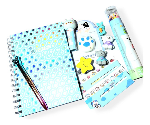 Kit Papelería  Kawaii Aguamarina (10 Articulos).