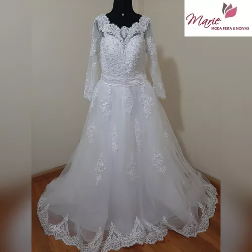 Vestido De Noiva Estilo Princesa Bordado Pérolas Brinde Véu