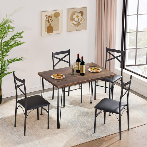 Juego De Mesa De Comedor De Cocina Con 4 Sillas Color Marrón