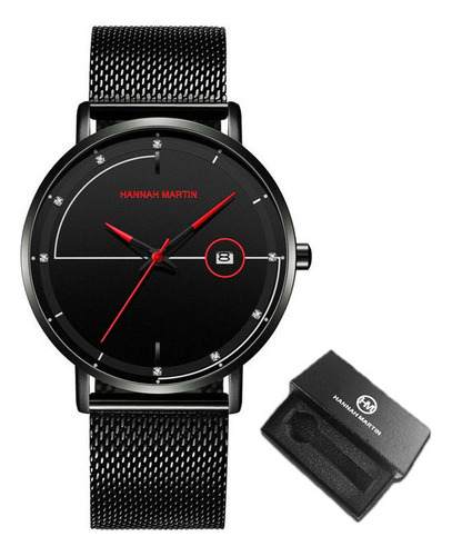 Reloj pulsera Hannah Martin HM-10101 de cuerpo color negro, analógico, para hombre, fondo rojo, con correa de acero inoxidable color y hebilla de gancho