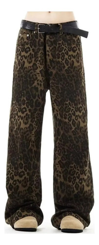 A Jeans Con Estampado De Leopardo Pierna Ancha Con Bolsillos