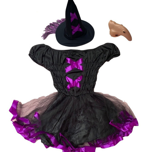 Disfraz Bruja Para Nena + Sombrero + Nariz Halloween 