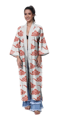 Kimono Haori Longo Kanji Nuvens China Japão Flor Caligrafia