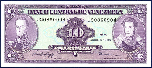 Billete 10 Bolívares U8 Junio 5 1995 Simón Bolívar Y Sucre