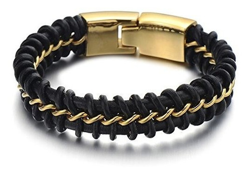 Pulsera Hombre Negro Trenzado Con Cadena Dorada 