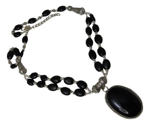 Collar Con Elegante Ónix Negro, Chapado En Plata 925, Único