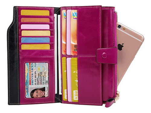 Elegante Cartera Dama Rfid Piel genuina Cera De Aceite