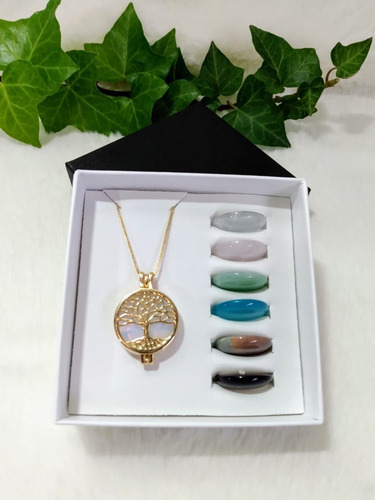 Colar Relicário Árvore Da Vida Ouro Opalina + 6 Pedras