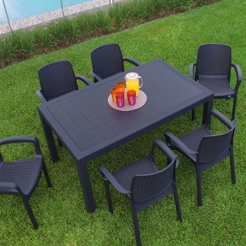 Combo De 6 Sillas Con Brazos+ Mesa Rectangular Tipo Rattan