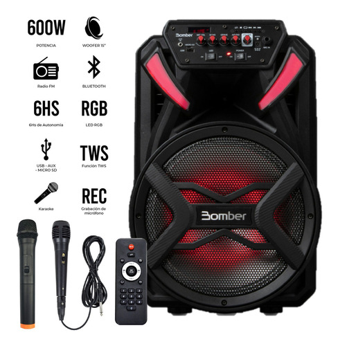Parlante Portátil Karaoke 15 Bluetooth Led + 2 Micrófonos Color Negro